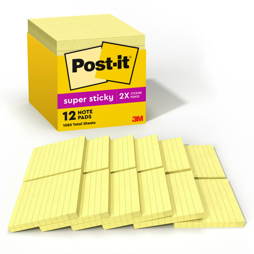 Post-it Super Sticky Notes, 4 x 4 in, 12 Lined Sticky Note Pads, 90 Sheets/Pad, School Supplies and Office Products, Canary Yellow