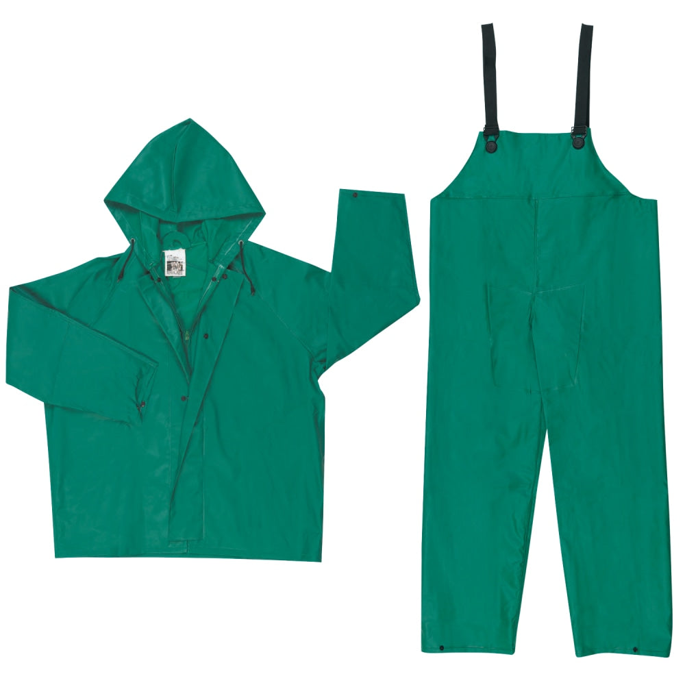 Two Piece Rain Suit, Jacket w/Hood, Bib Pants, 0.42 mm PVC/Poly, Green, 5X Large