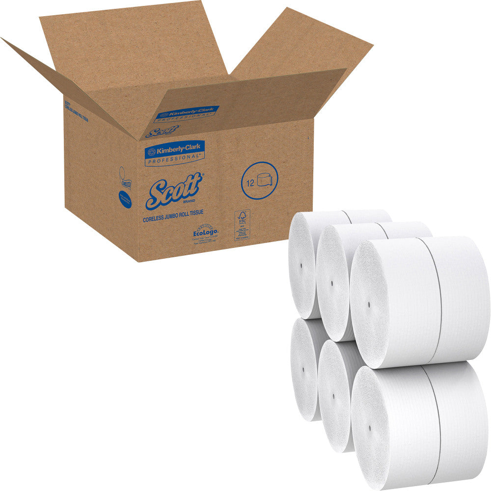 Scott Coreless High-Capacity Jumbo Roll Toilet Paper - 1 Ply - 3.78in Width x 2300 ft Length - 9in Roll Diameter - White - Fiber - 12 / Carton