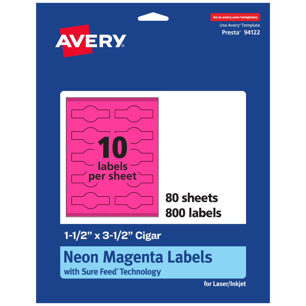 Avery Print-To-The-Edge Labels With Sure Feed Technology, 94122-NMP80, Cigar, 1-1/2in x 3-1/2in, Matte Neon Magenta, Pack of 800