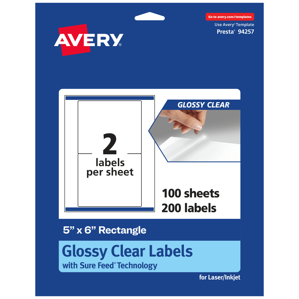 Avery Glossy Permanent Labels With Sure Feed, 94257-CGF100, Rectangle, 5in x 6in, Clear, Pack Of 200