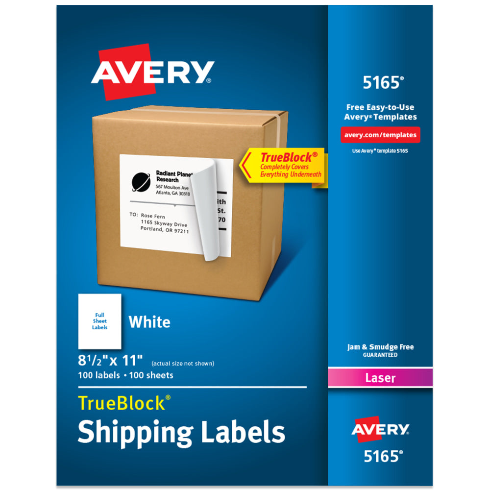 Avery TrueBlock Permanent Full-Sheet Labels, 5165, Laser, 8 1/2in x 11in, White, Box Of 100