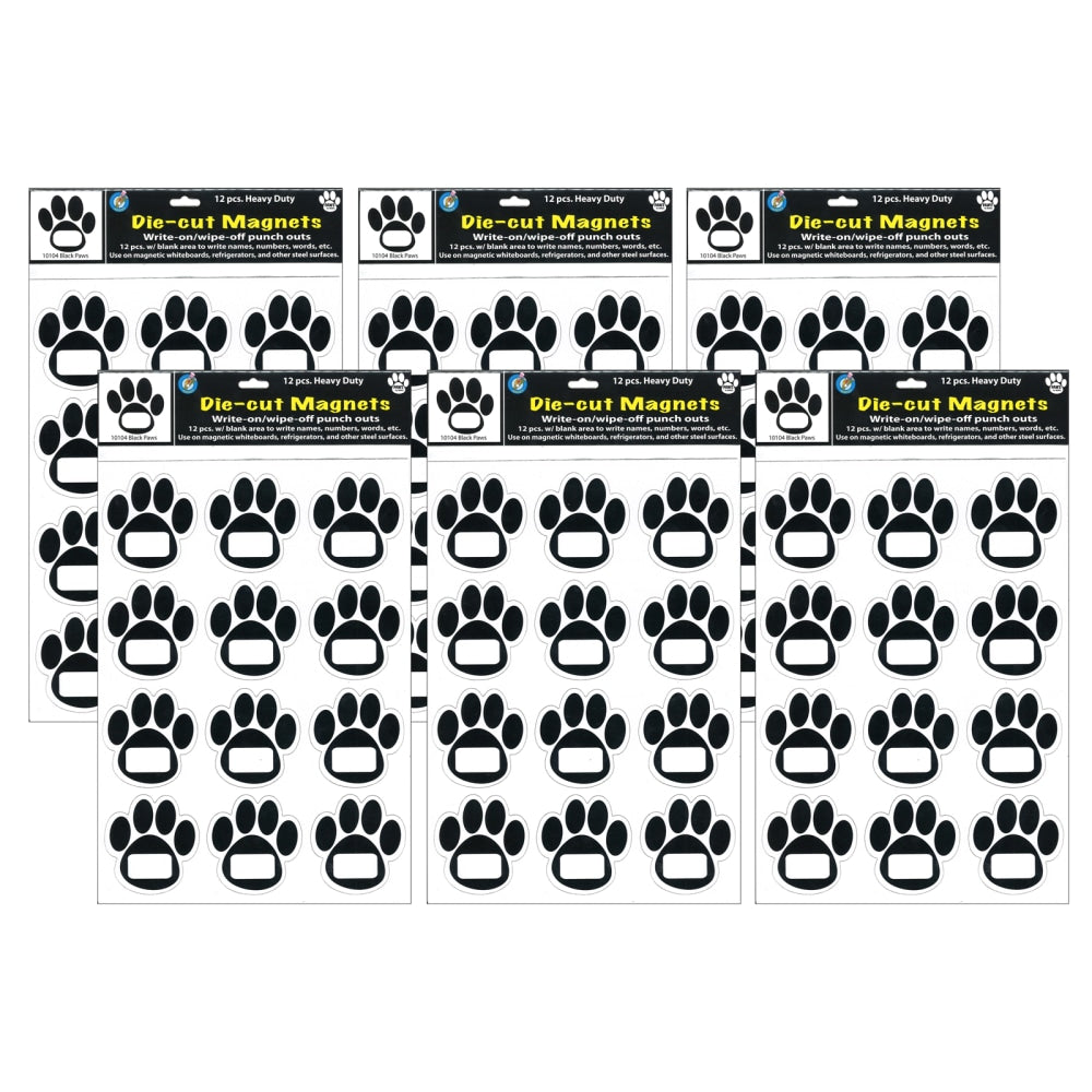Ashley Productions Die-Cut Magnets, Black Paw Prints, 11in x 8-1/2in, 12 Magnets Per Pack, Set Of 6 Packs