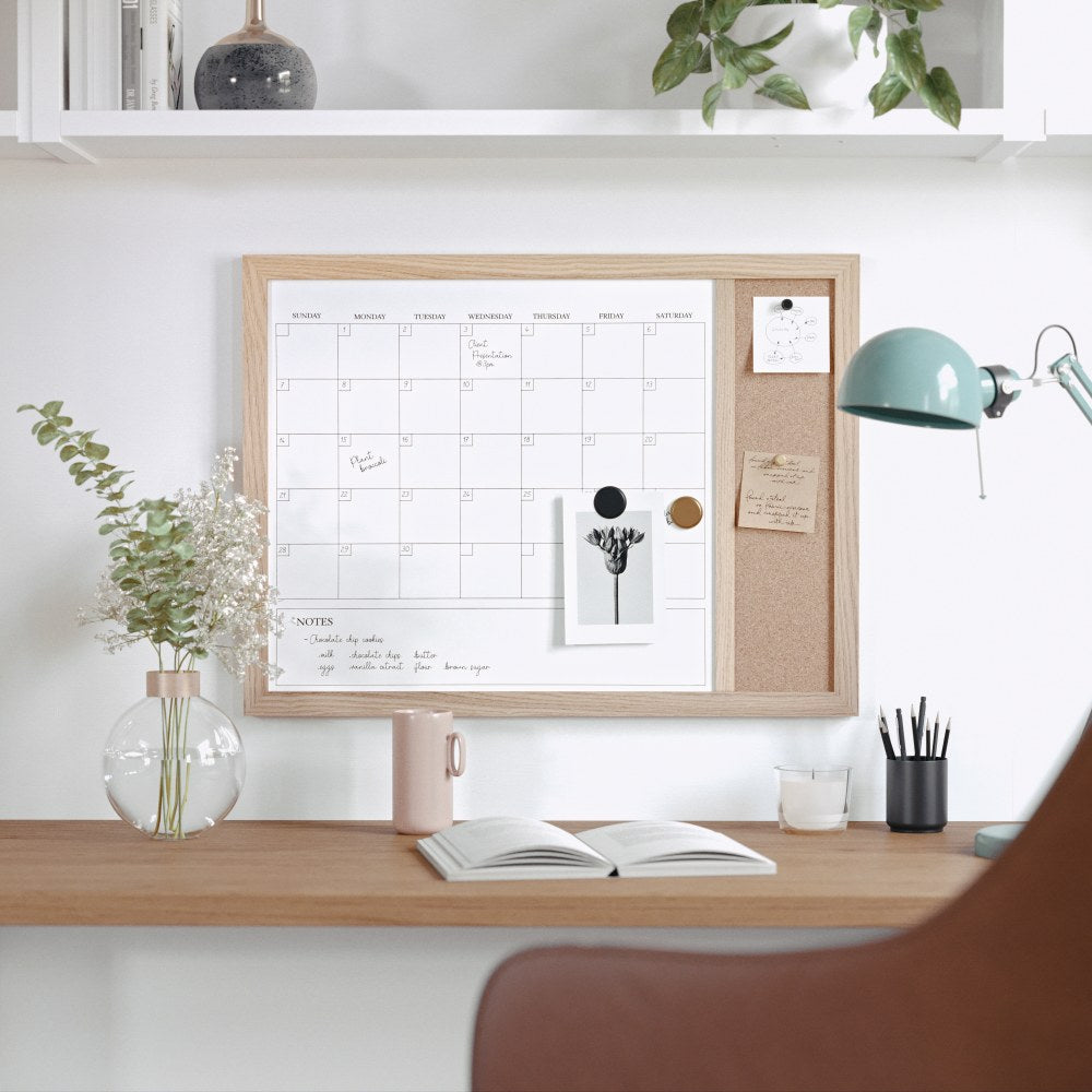 Martha Stewart Everette Magnetic Dry-Erase Monthly Calendar And Cork Board Combo, 18in x 24in, Light Natural Woodgrain