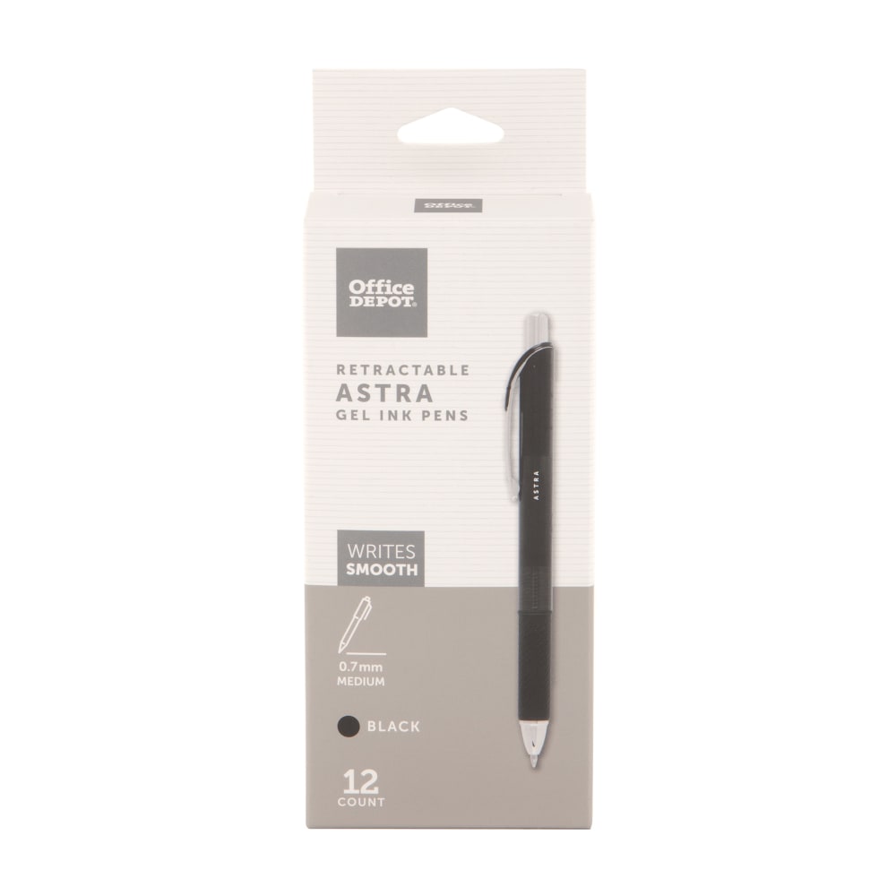 Office Depot Brand Astra Retractable Gel Ink Pens, Medium Point, 0.7 mm, Black Barrel, Black Ink, Pack Of 12 Pens