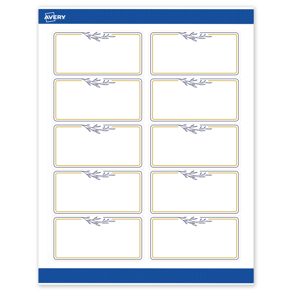 Avery Printable Labels & Sure Feed, S00-DNR-PRWMP10, 2in x 4in, Matte White, Preprinted Gold & Navy Border & Floral Design, Pack Of 100