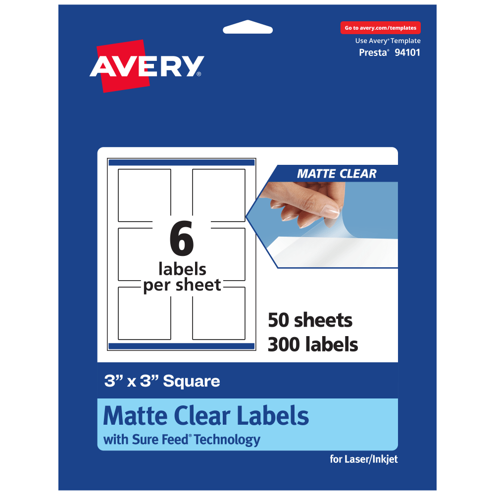 Avery Permanent Labels With Sure Feed, 94101-CMF50, Square, 3in x 3in, Matte Clear, Pack Of 300