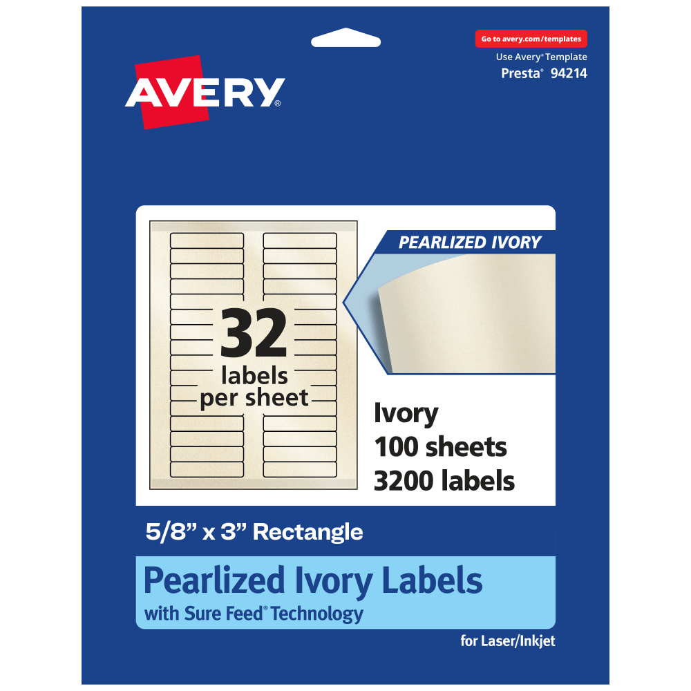 Avery Pearlized Permanent Labels With Sure Feed, 94214-PIP100, Rectangle, 5/8in x 3in, Ivory, Pack Of 3,200 Labels