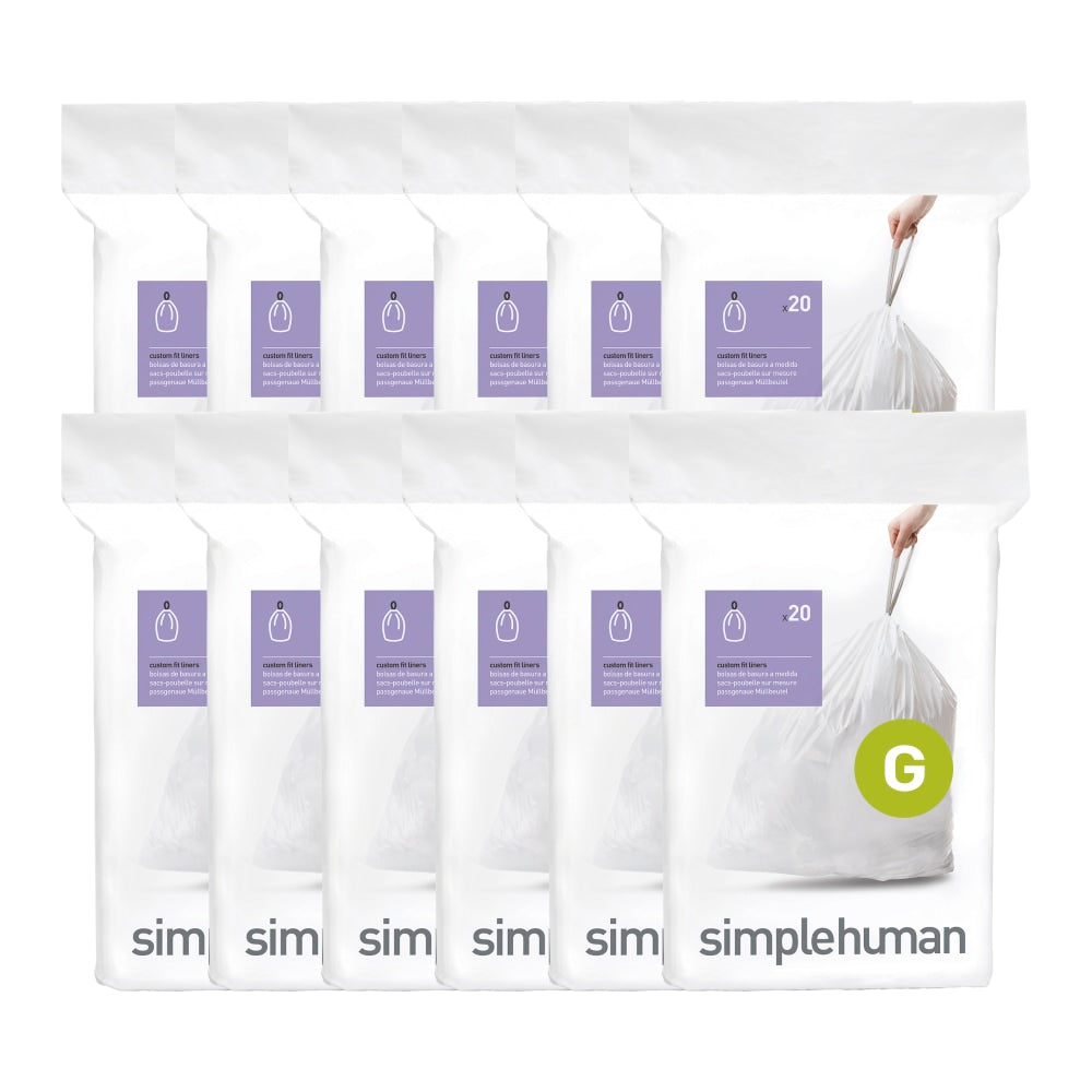 simplehuman Custom Fit Can Liners, G, 0.3 mil, 8 Gallons, White, Pack Of 240 Liners