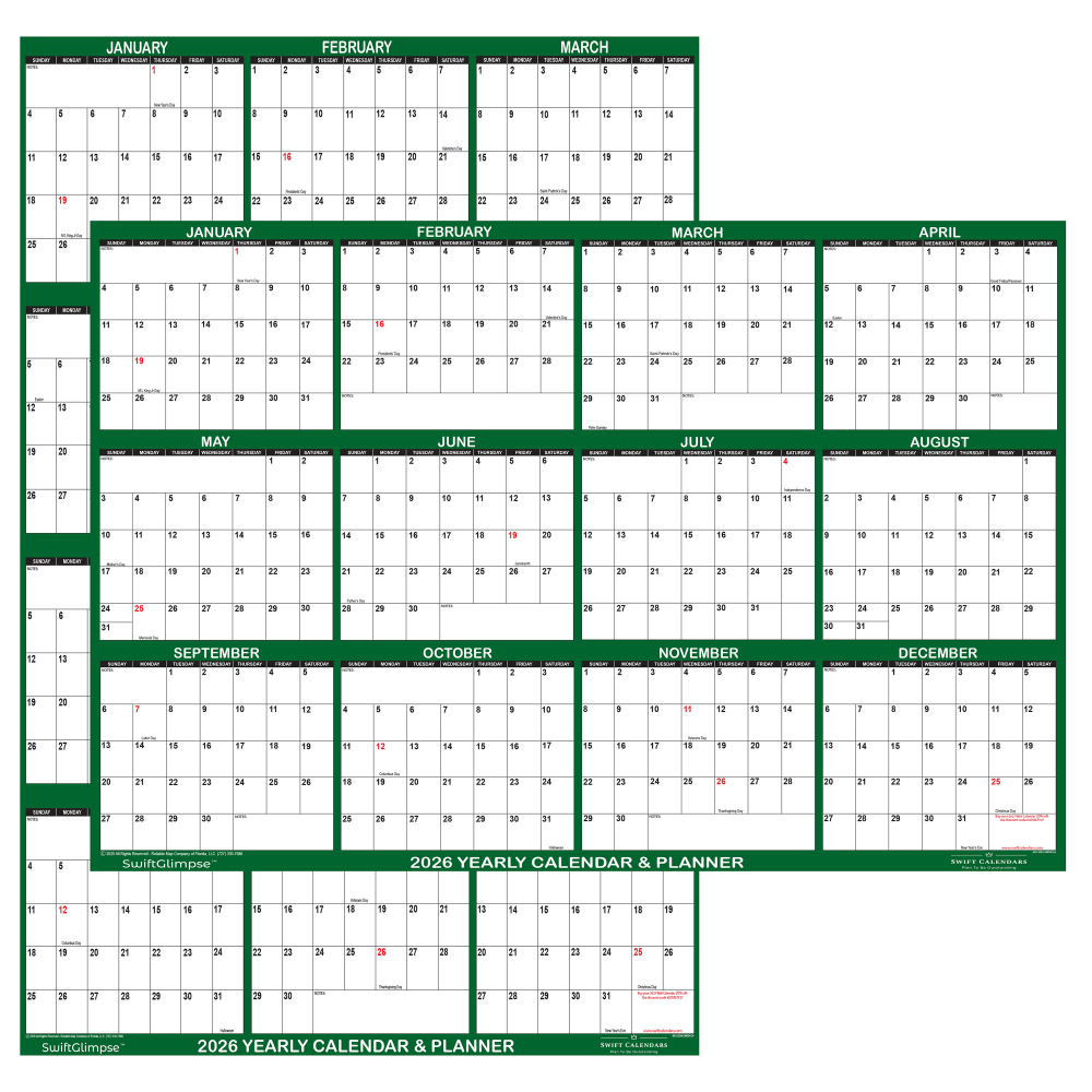 2026 SwiftGlimpse Yearly Reversible Erasable Wall Calendar, 24in x 36in, White/Green, January To December