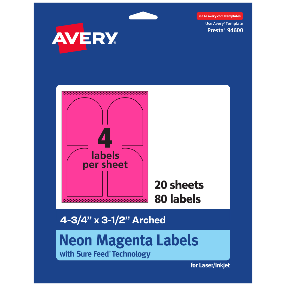 Avery Print-To-The-Edge Labels With Sure Feed Technology, 94600-NMP20, Arched, 4-3/4in x 3-1/2in, Matte Neon Magenta, Pack of 80