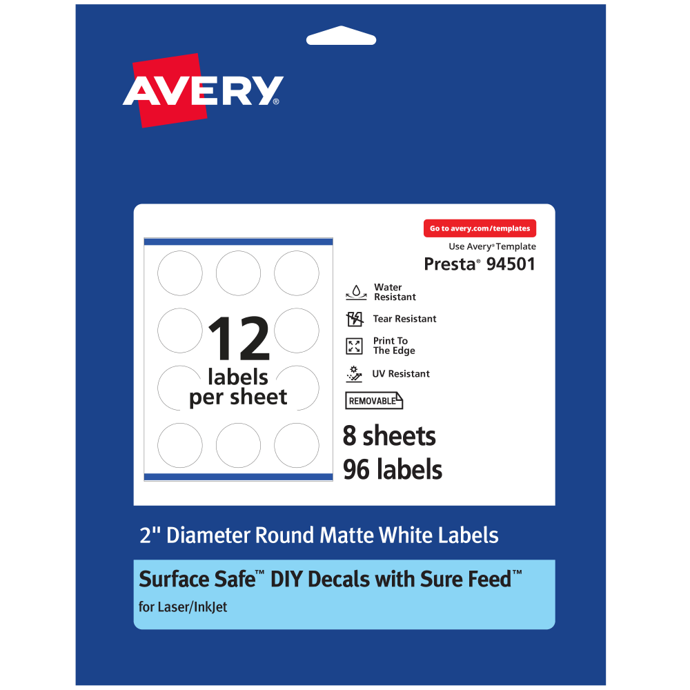 Avery Durable Removable Labels With Sure Feed, 94501-DRF8, Round, 2in Diameter, White, Pack Of 96