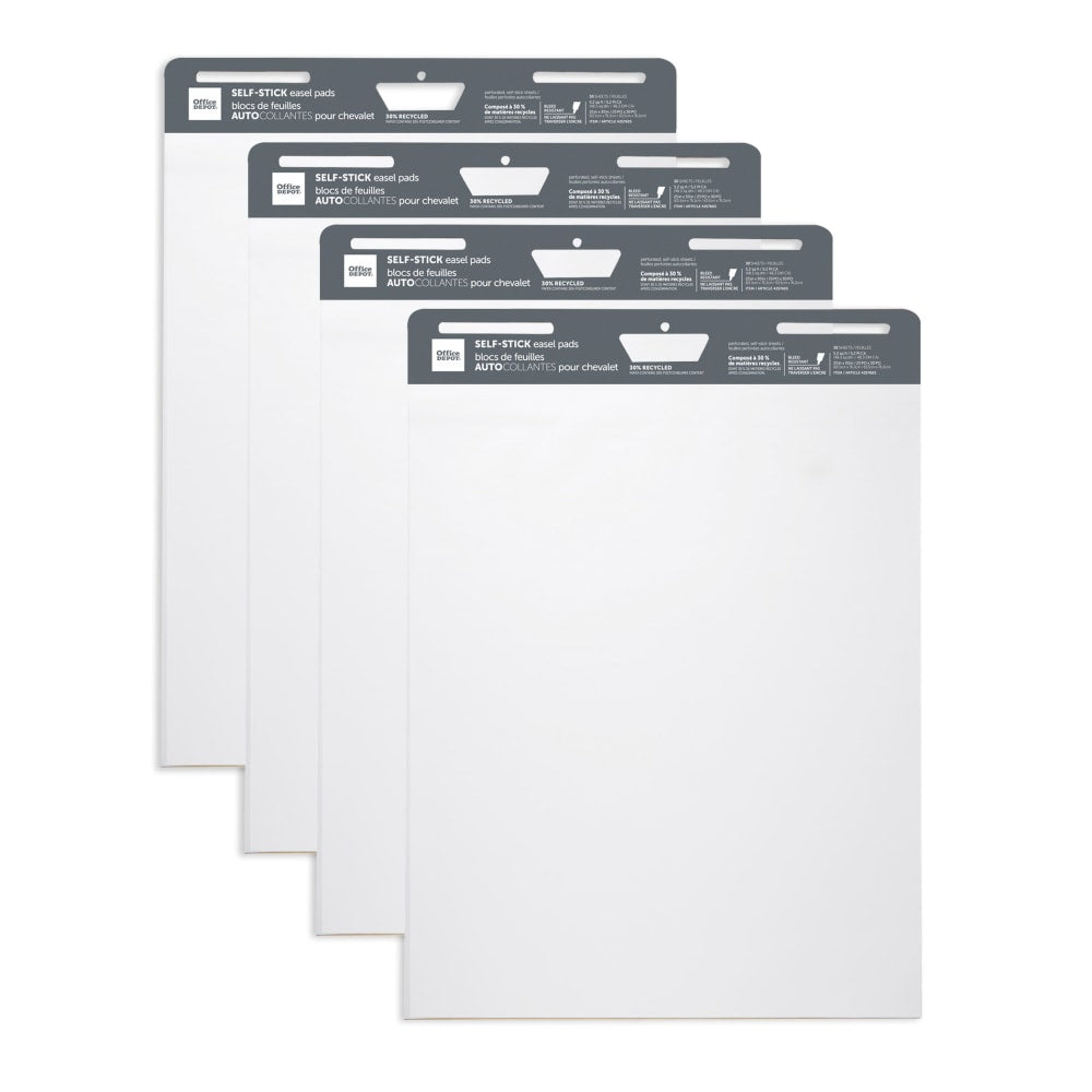 Office Depot Brand Self-Stick Easel Pads, 25in x 30in, 30 Sheets, 30% Recycled, White, Pack Of 4 Pads