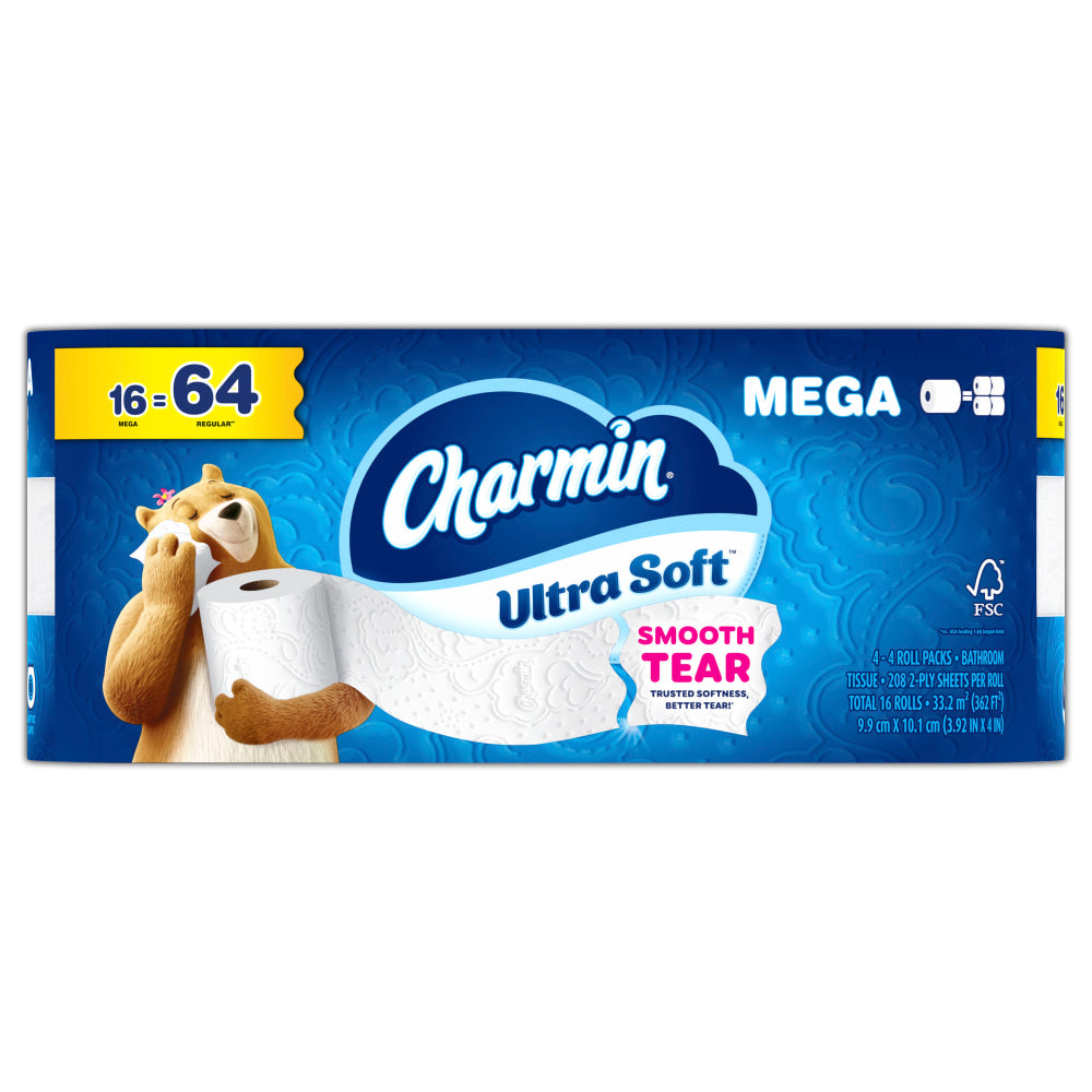 Charmin Ultra Soft 2-Ply Toilet Paper Mega Rolls, 208 Sheets Per Roll/69ft, Pack Of 16 Rolls