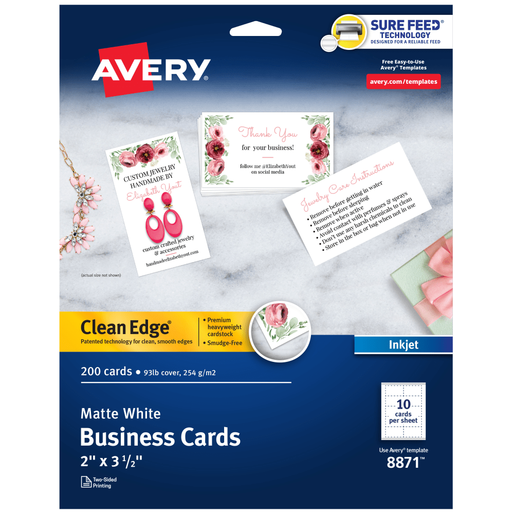 Avery Printable Clean Edge Business Cards With Sure Feed Technology For Inkjet Printers, 2in x 3-1/2in, White, Pack Of 200 Blank Cards