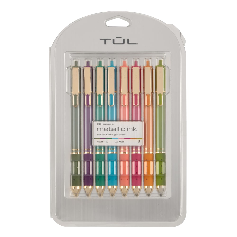 TUL GL Series Retractable Gel Pens, Medium Point, 0.8 mm, Assorted Barrel Colors, Assorted Deep Metallic Inks, Pack Of 8 Pens