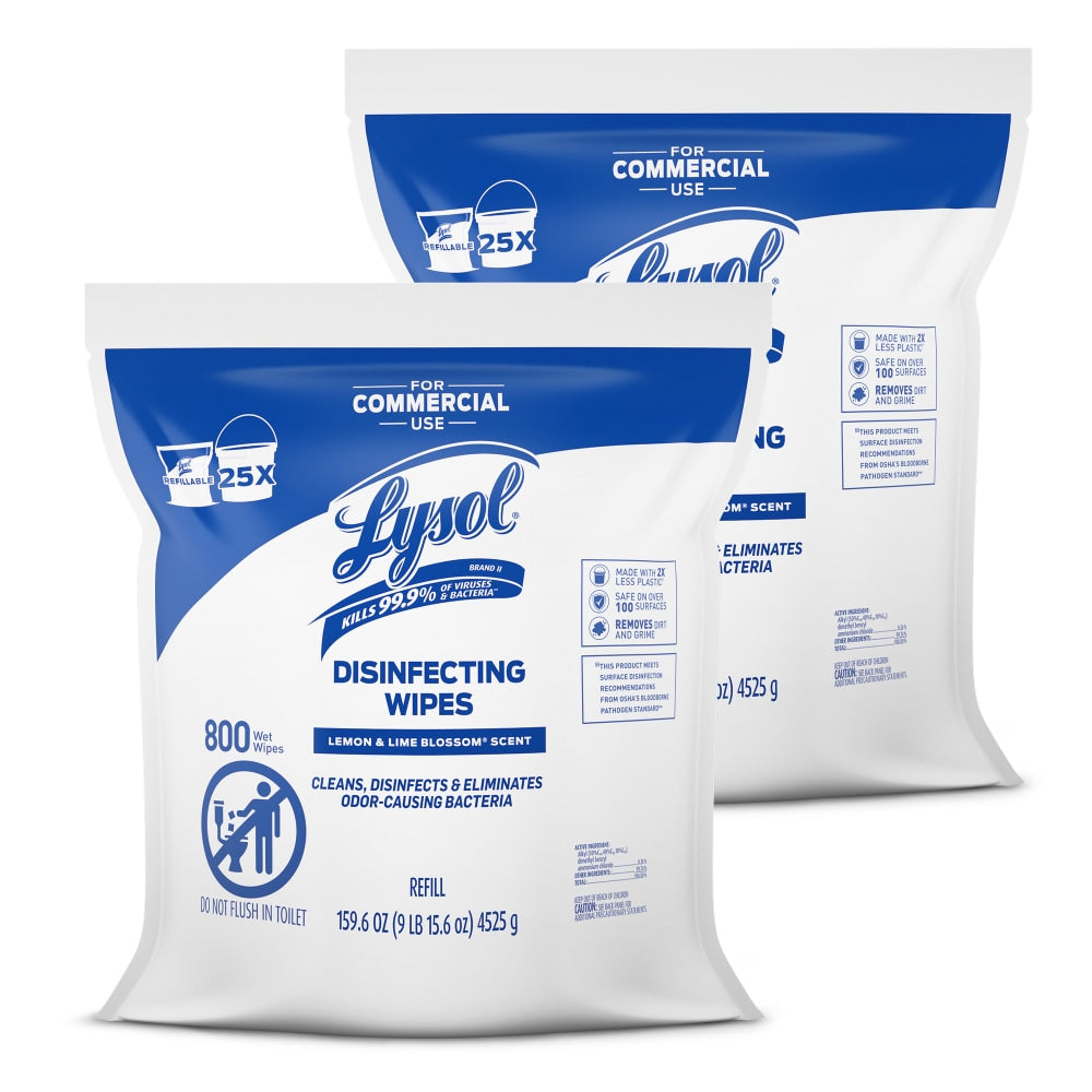 Lysol Professional Disinfecting Wipe Refills, Lemon And Lime Blossom, 8in x 6in, White, 800 Sheets Per Bucket, Set Of 2 Refills