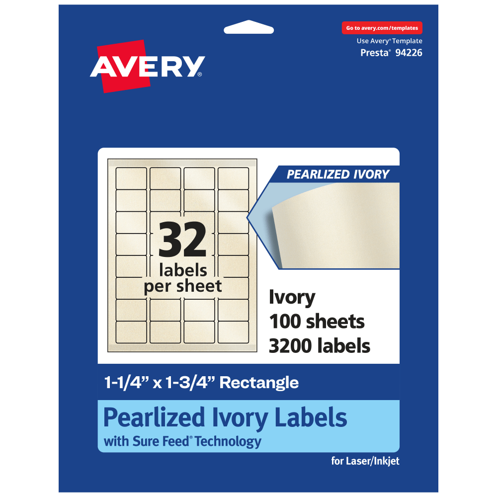 Avery Pearlized Permanent Labels With Sure Feed, 94226-PIP100, Rectangle, 1-1/4in x 1-3/4in, Ivory, Pack Of 3,200 Labels