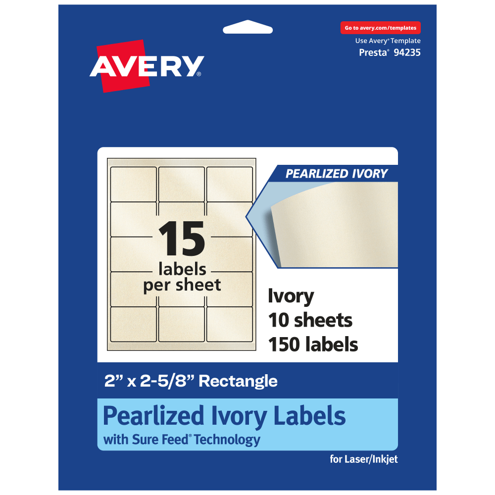 Avery Pearlized Permanent Labels With Sure Feed, 94235-PIP10, Rectangle, 2in x 2-5/8in, Ivory, Pack Of 150 Labels