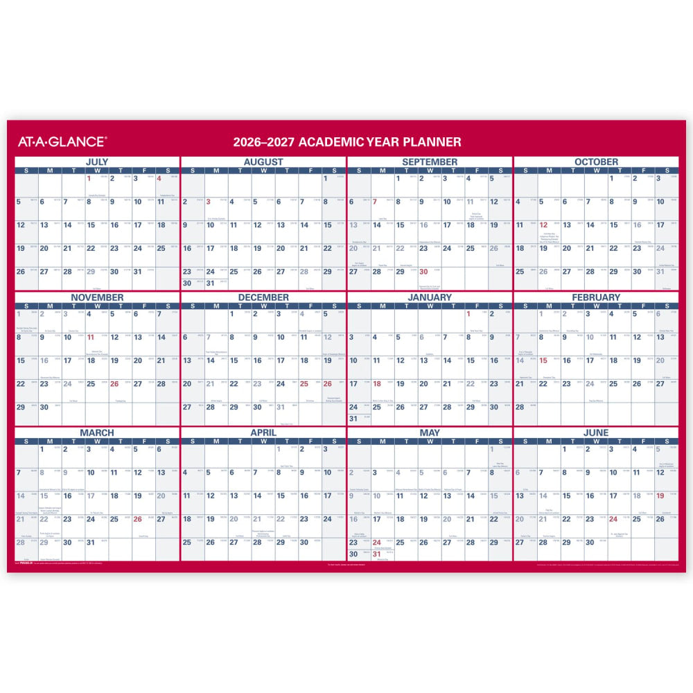 AT-A-GLANCE Horizontal Reversible Erasable Academic and Regular Year 2026-2027 Wall Calendar, Extra Large, 48in x 32in