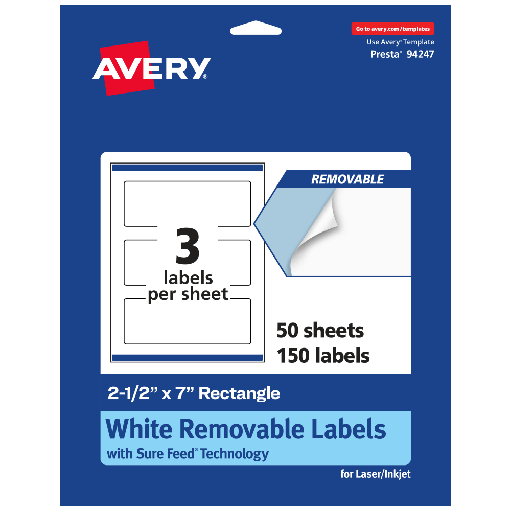Avery Removable Labels With Sure Feed, 94247-RMP50, Rectangle, 2-1/2in x 7in, White, Pack Of 150 Labels