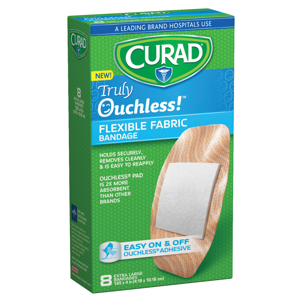 CURAD Truly Ouchless Self-Adhesive Bandages, XL, Tan, Box Of 8