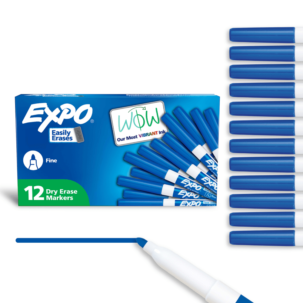 EXPO Low-Odor Dry-Erase Markers, Fine Point, Blue, Pack Of 12