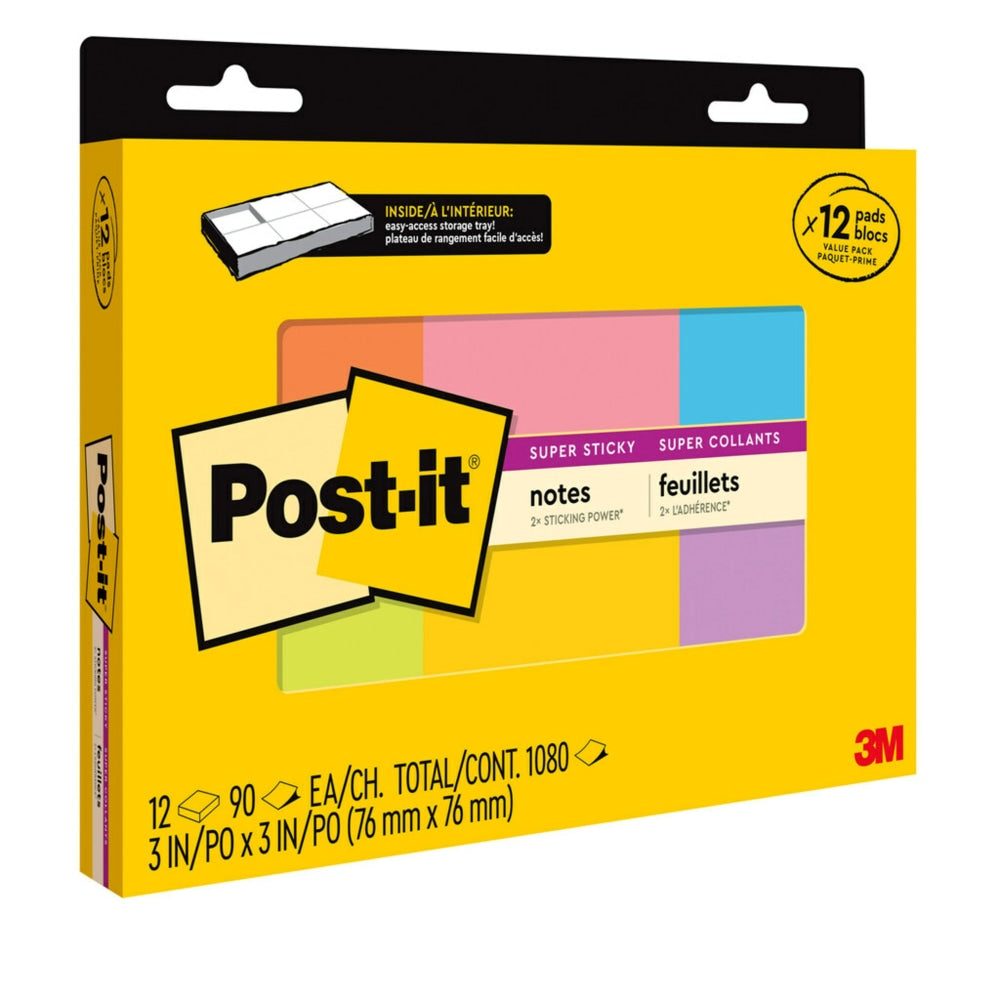 Post-it Super Sticky Notes, 3 x 3 in, 12 Pads, 90 Sheets/Pad, 2X the Sticking Power, Clean Removal, Assorted Colors