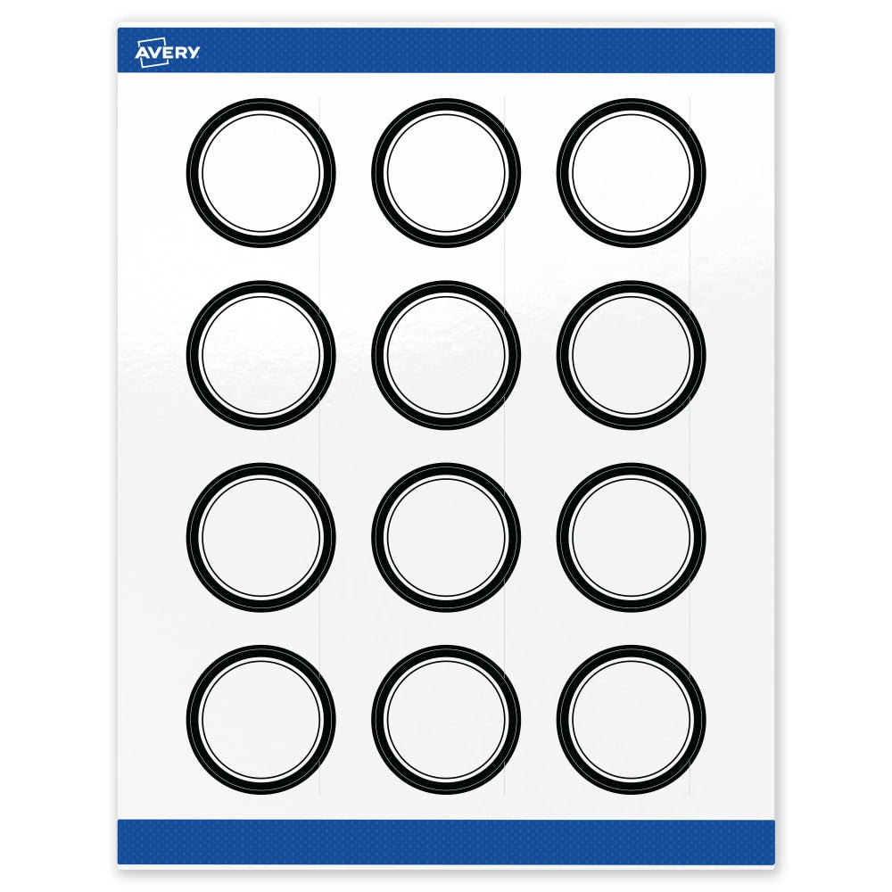 Avery Print-To-The-Edge Labels & Sure Feed, S00-D2B-PRWGP10, 2in Round, Glossy White, Preprinted Double Black Border Design, Pack Of 120
