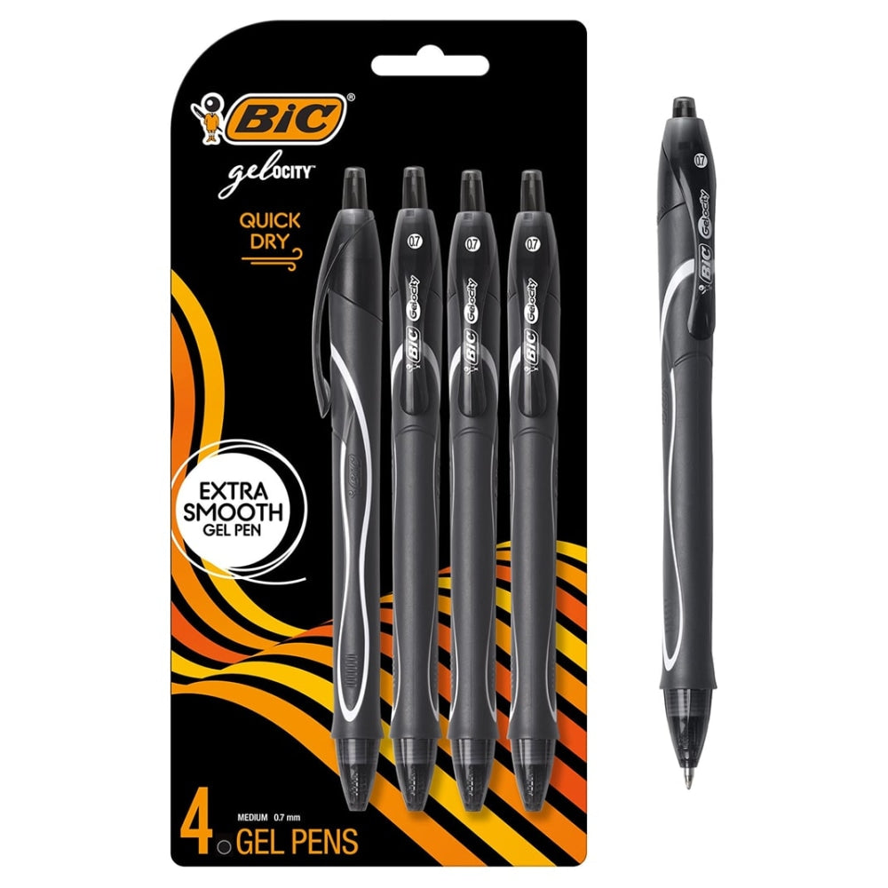 BIC Gelocity Quick-Dry Retractable Gel Pens, Medium Point, 0.7 mm, Black Barrel, Black Ink, Pack Of 4 Pens