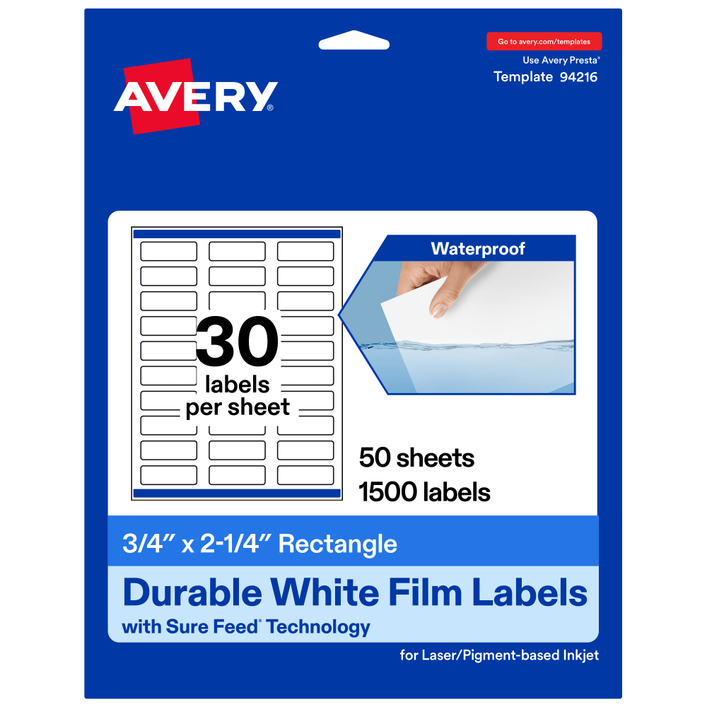 Avery Waterproof Permanent Labels With Sure Feed, 94216-WMF50, Rectangle, 3/4in x 2-1/4in, White, Pack Of 1,500