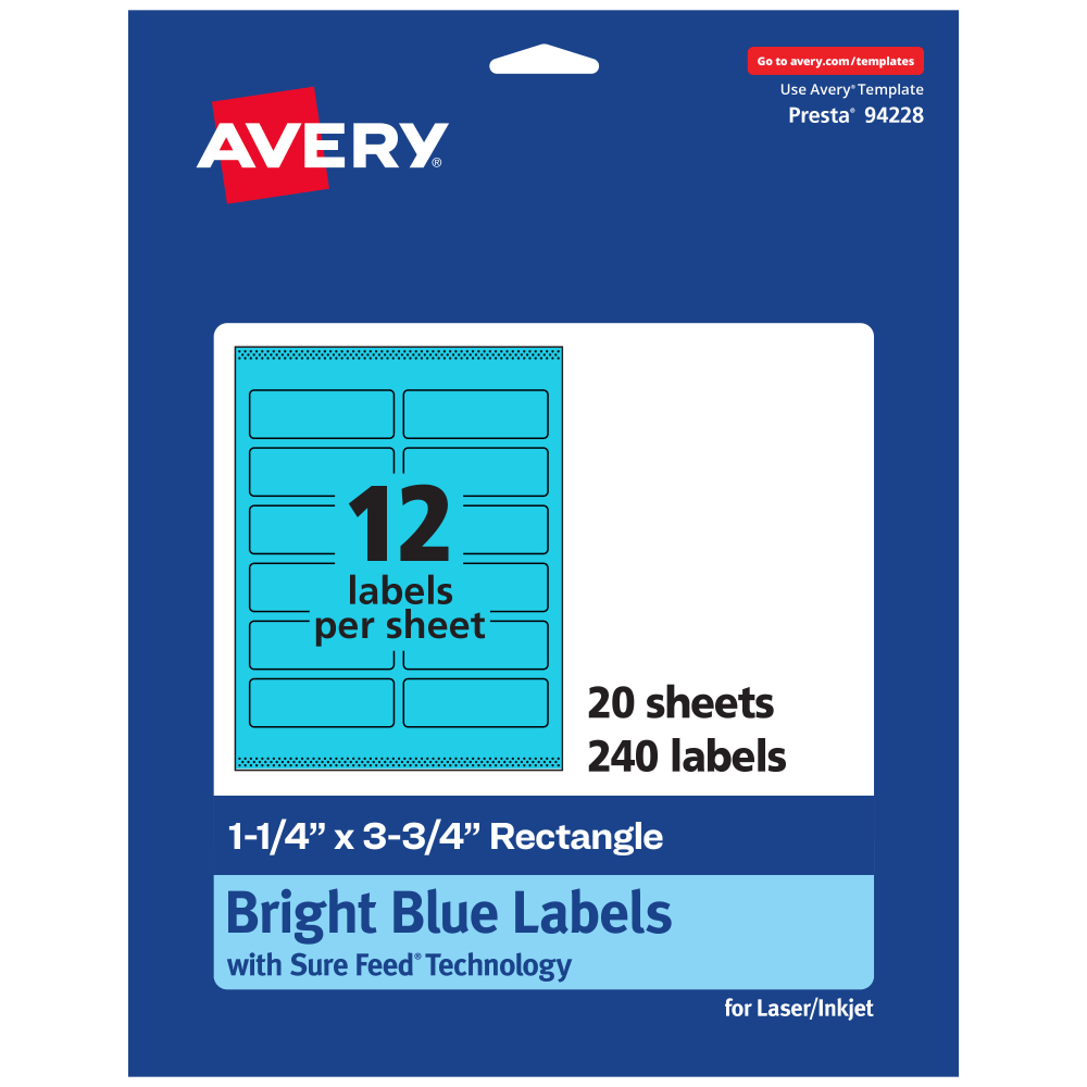Avery Print-To-The-Edge Labels With Sure Feed Technology And Easy Peel, 94228-BBP20, Rectangle, 1-1/4in x 3-3/4in, Matte Bright Blue, Pack of 240