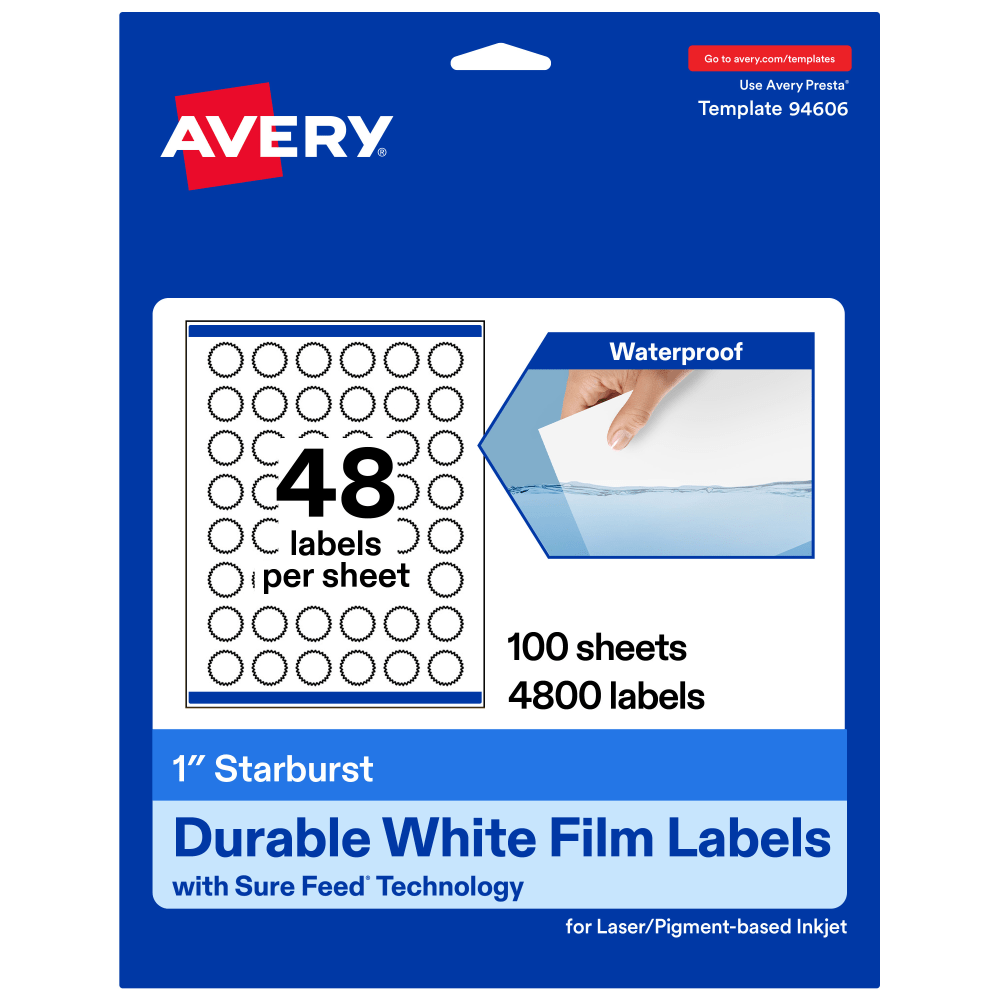 Avery Waterproof Permanent Labels With Sure Feed, 94606-WMF100, Starburst, 1in, White, Pack Of 4,800