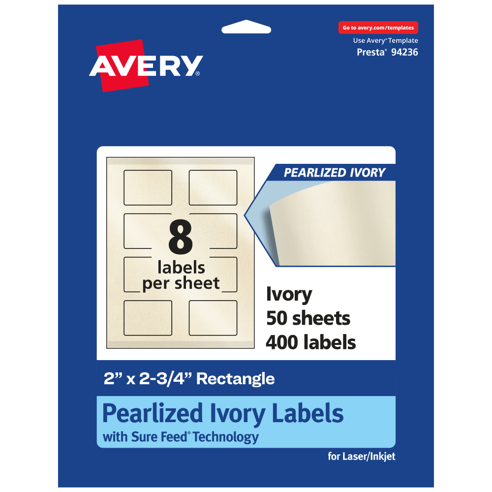 Avery Pearlized Permanent Labels With Sure Feed, 94236-PIP50, Rectangle, 2in x 2-3/4in, Ivory, Pack Of 400 Labels