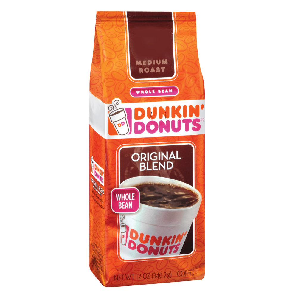 Dunkin Donuts Original Blend Whole Bean Coffee, Medium Roast, 12 Oz Per Bag