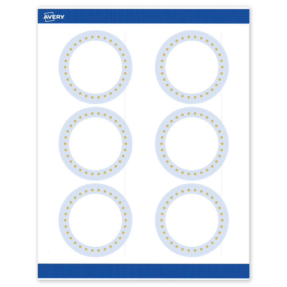 Avery Print-To-The-Edge Labels & Sure Feed, S00-DMD-PRWMP10, 3in Round, Matte White, Preprinted Blue Border & Gold Dots Design, Pack Of 60