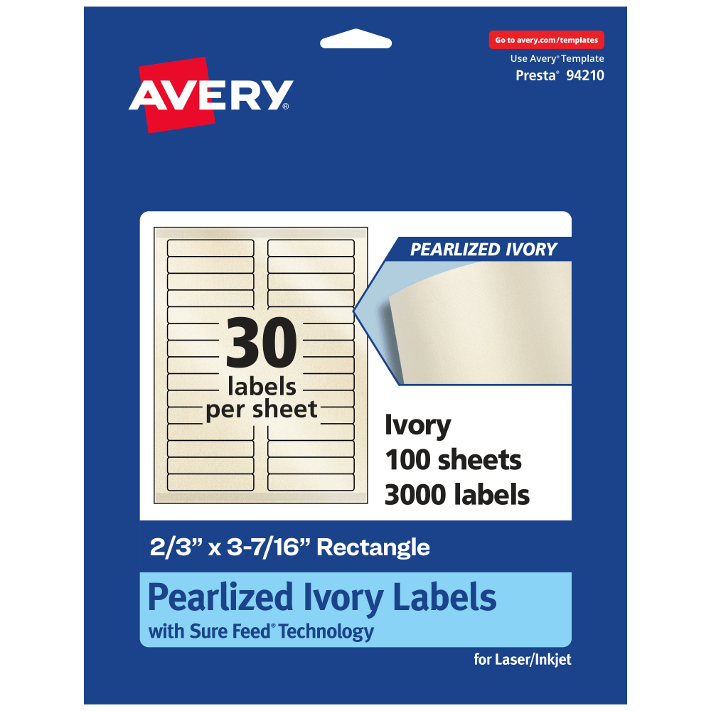 Avery Pearlized Permanent Labels With Sure Feed, 94210-PIP100, Rectangle, 2/3in x 3-7/16in, Ivory, Pack Of 3,000 Labels
