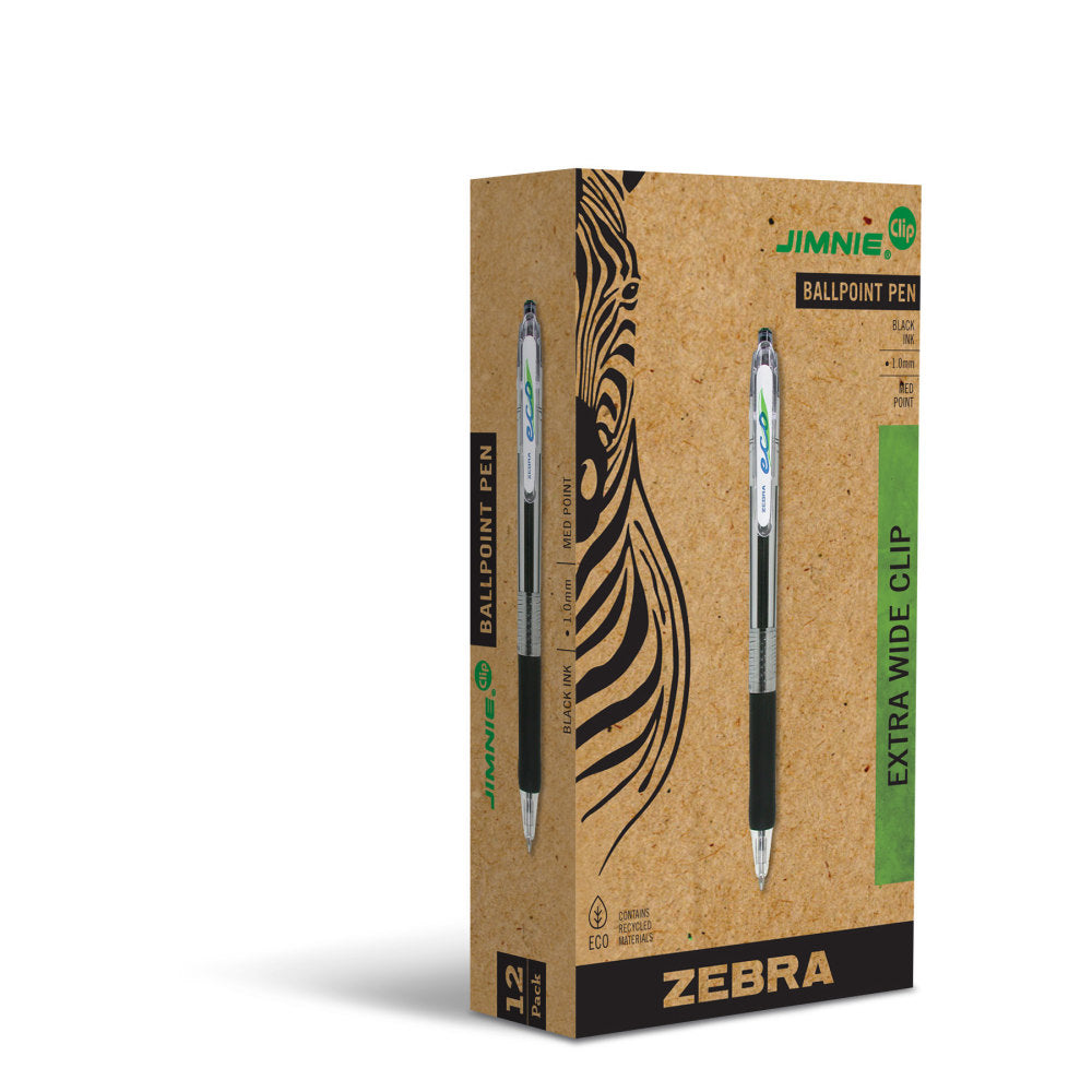 Zebra Pen Eco Jimnie Clip Retractable Ballpoint Pens, Pack Of 12, Medium Point, 1.0 mm, Black Barrel, Black Ink