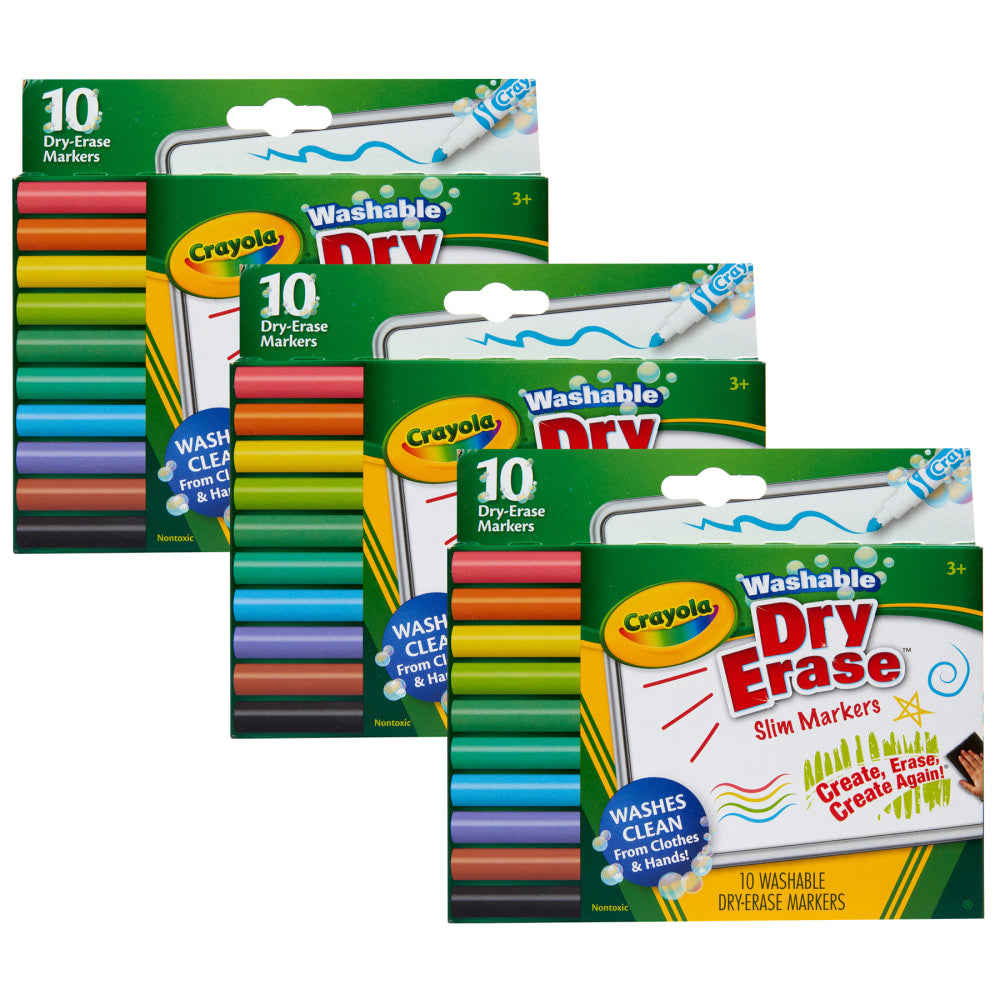 Crayola Washable Slim Dry-Erase Markers, Fine Tip, Assorted Colors, Pack Of 10 Markers, Set Of 3 Packs