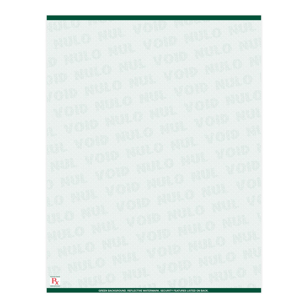 High Security Medicaid Compliant Laser RX Prescription Paper Stock -1 Up, 8.5in x 11in Sheet,  Green, Pack Of 500 Sheets