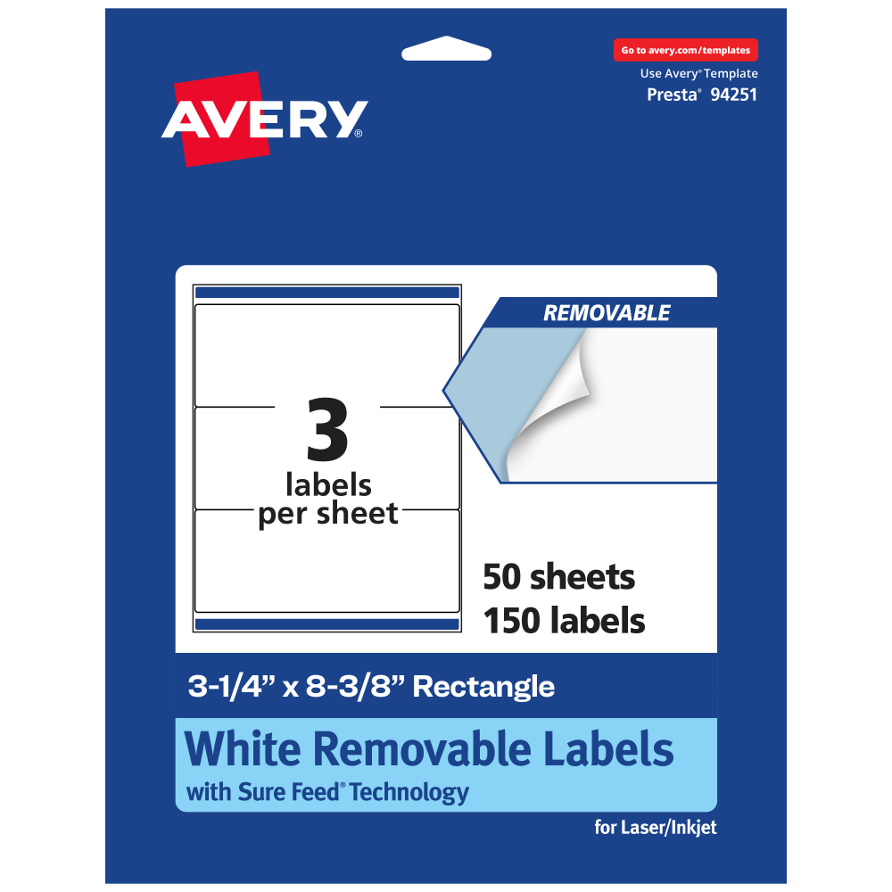 Avery Removable Labels With Sure Feed, 94251-RMP50, Rectangle, 3-1/4in x 8-3/8in, White, Pack Of 150 Labels
