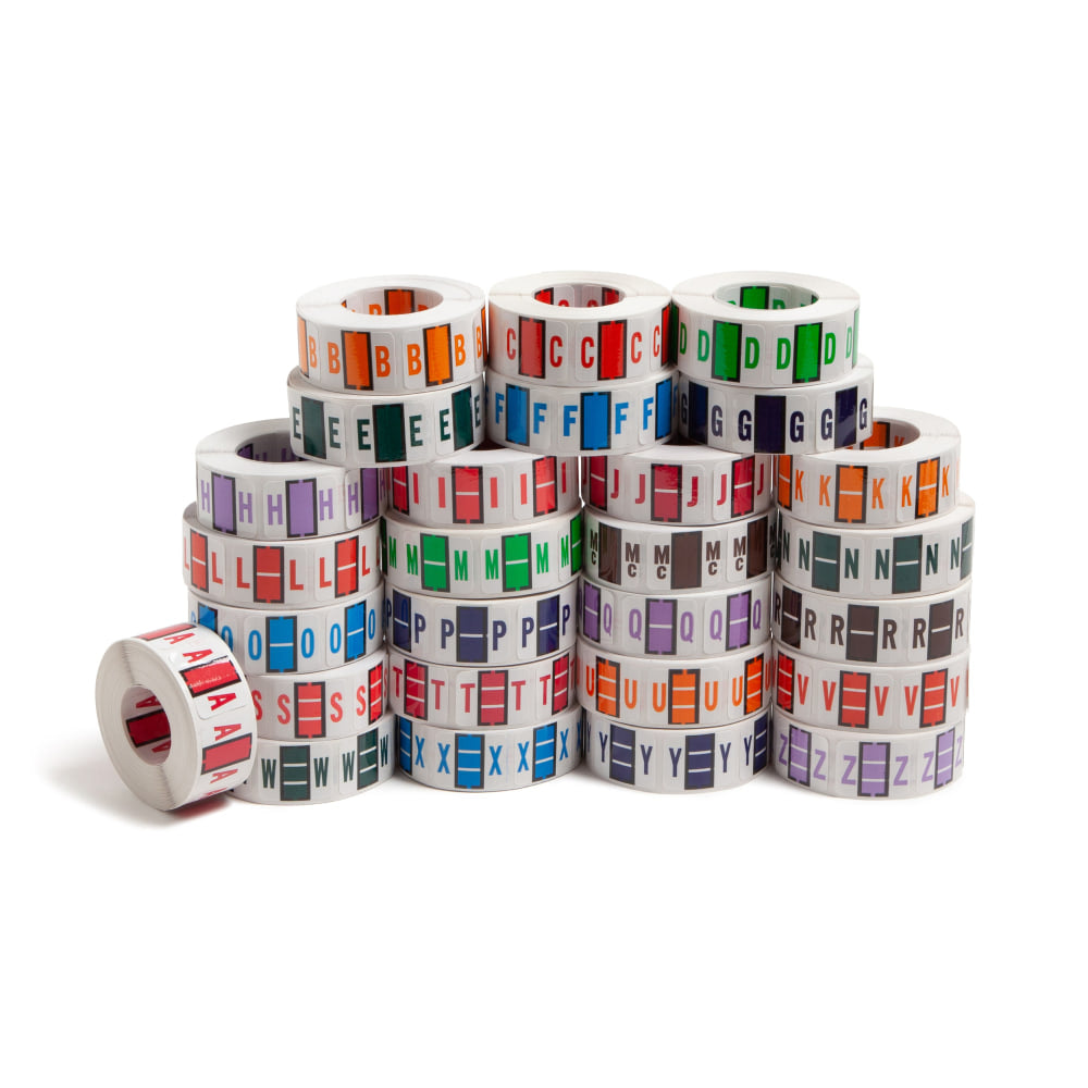 Smead BCCR Bar-Style Color Coded Permanent End-Tab Alphabetical Label Kit, A To Z Labels, Box Of 26 Label Rolls, 500 Labels Per Roll