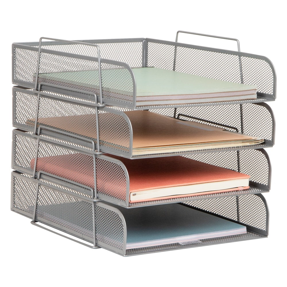 Mind Reader Metal Stackable Paper Tray Desktop Organizer, 11-1/4inH x 13-1/2inW x 10-1/2inD, Silver