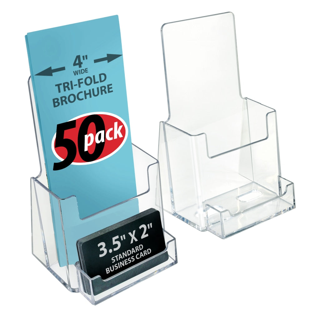 Azar Displays Trifold Brochure Holders With Business Card Pockets, 7-1/4inH x 4-1/8inW x 3-9/16inD, Clear, Set Of 50 Holders