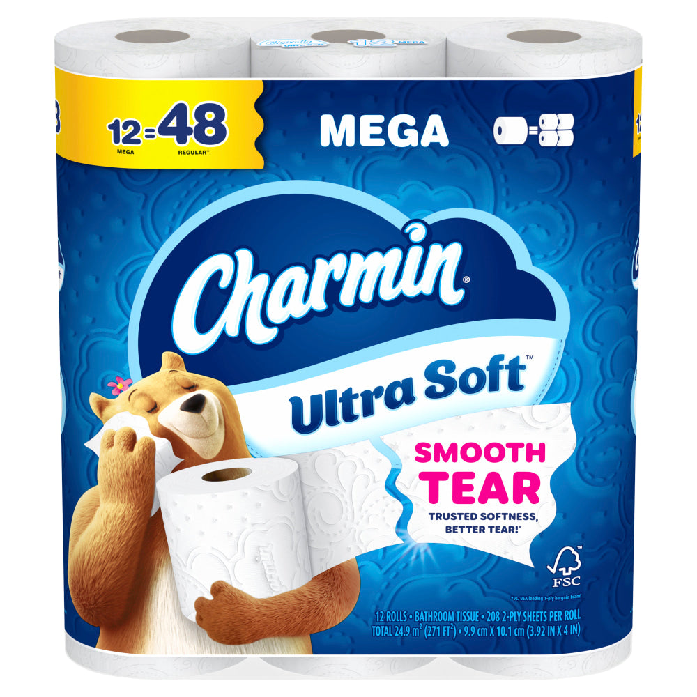 Charmin Ultra Soft 2-Ply Toilet Paper, 4in x 4in, 208 Sheets Per Roll, Pack Of 12 Mega Rolls