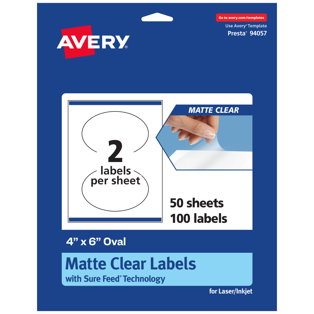 Avery Permanent Labels With Sure Feed, 94057-CMF50, Oval, 4in x 6in, Matte Clear, Pack Of 100