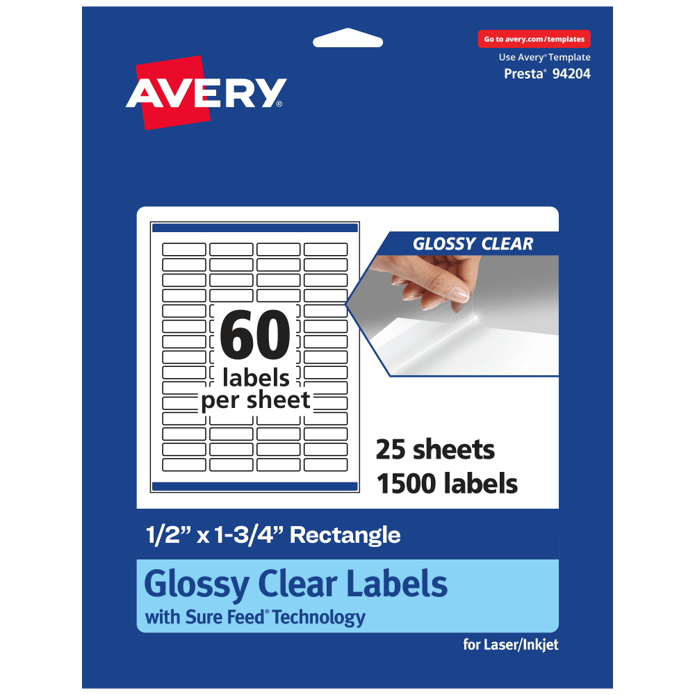 Avery Glossy Permanent Labels With Sure Feed, 94204-CGF25, Rectangle, 1/2in x 1-3/4in, Clear, Pack Of 1,500