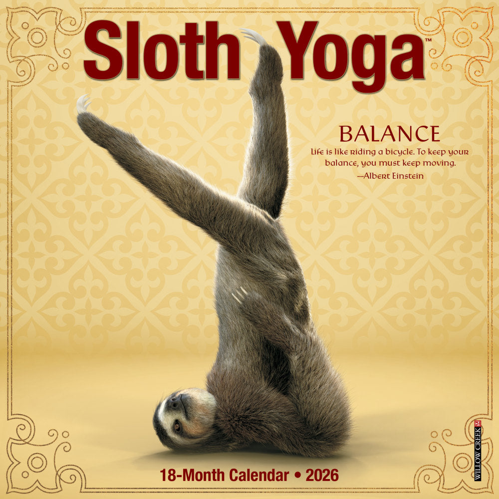 2026 Willow Creek Press Monthly Mini Wall Calendar, 7in x 7in, Sloth Yoga, January To December, 53768
