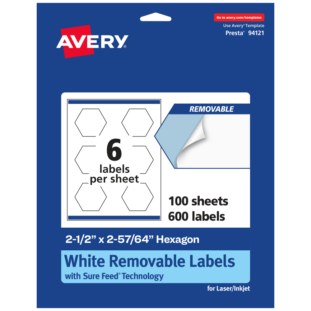 Avery Removable Labels With Sure Feed, 94121-RMP100, Hexagon, 2-1/2in x 2-57/64in, White, Pack Of 600 Labels