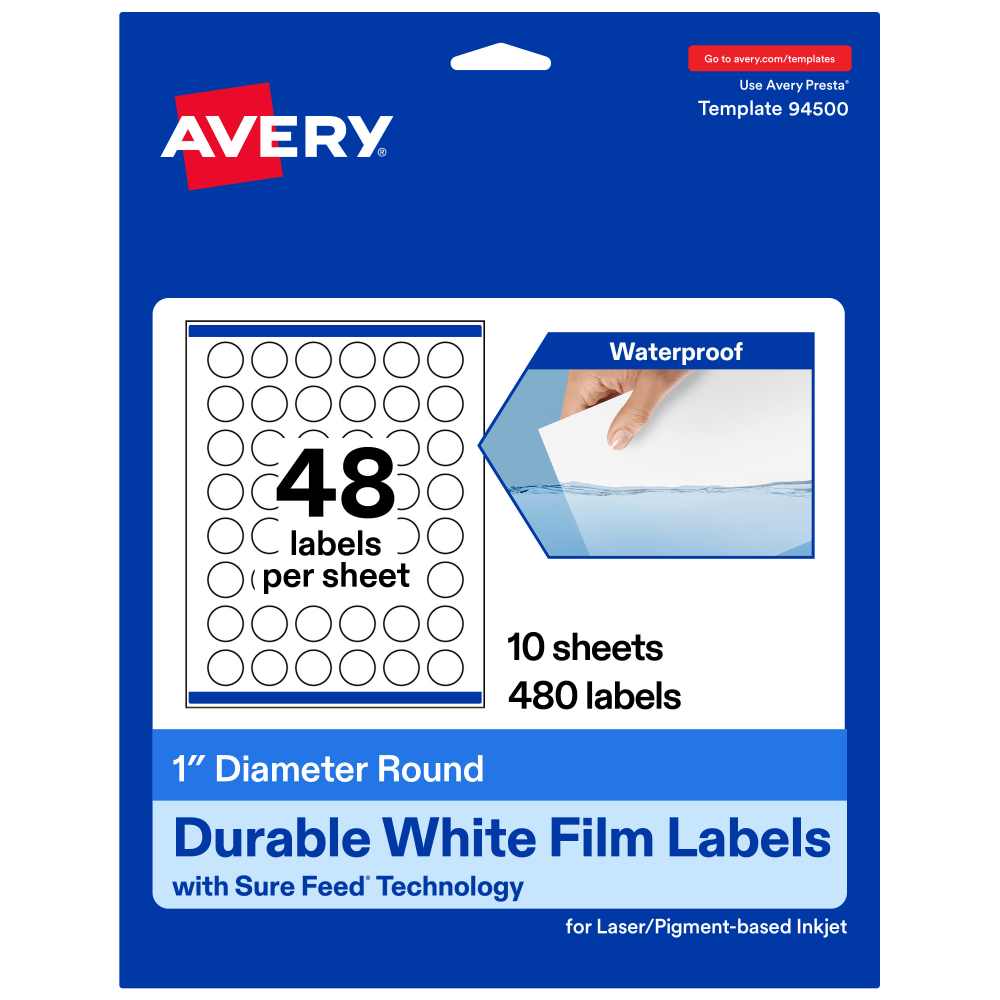 Avery Waterproof Permanent Labels With Sure Feed, 94500-WMF10, Round, 1in Diameter, White, Pack Of 480
